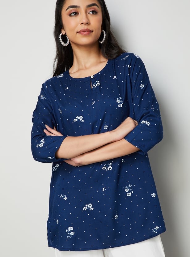 MELANGE Floral Print Round Neck 3/4th Sleeves Kurti
