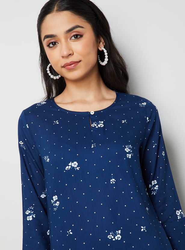 MELANGE Floral Print Round Neck 3/4th Sleeves Kurti