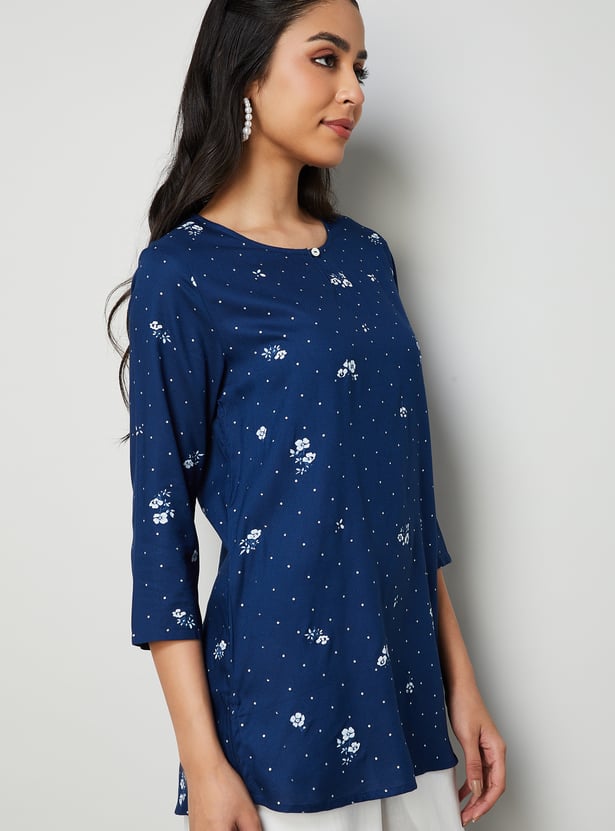 MELANGE Floral Print Round Neck 3/4th Sleeves Kurti