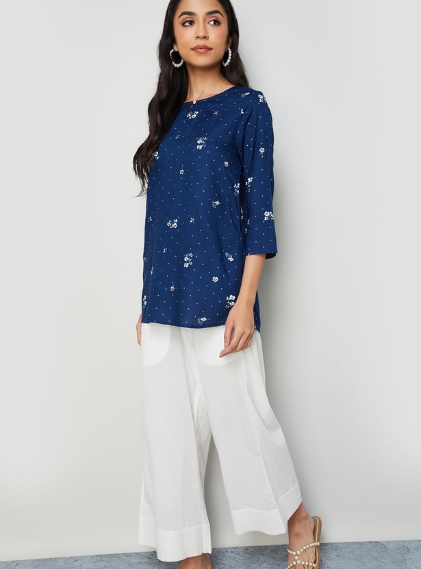 MELANGE Floral Print Round Neck 3/4th Sleeves Kurti