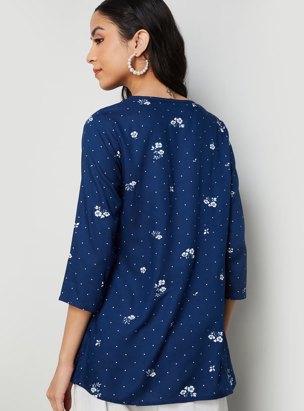 MELANGE Floral Print Round Neck 3/4th Sleeves Kurti