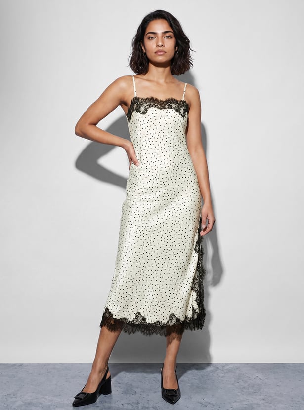 CODE Polka Dot Lace Trim Midi Dress