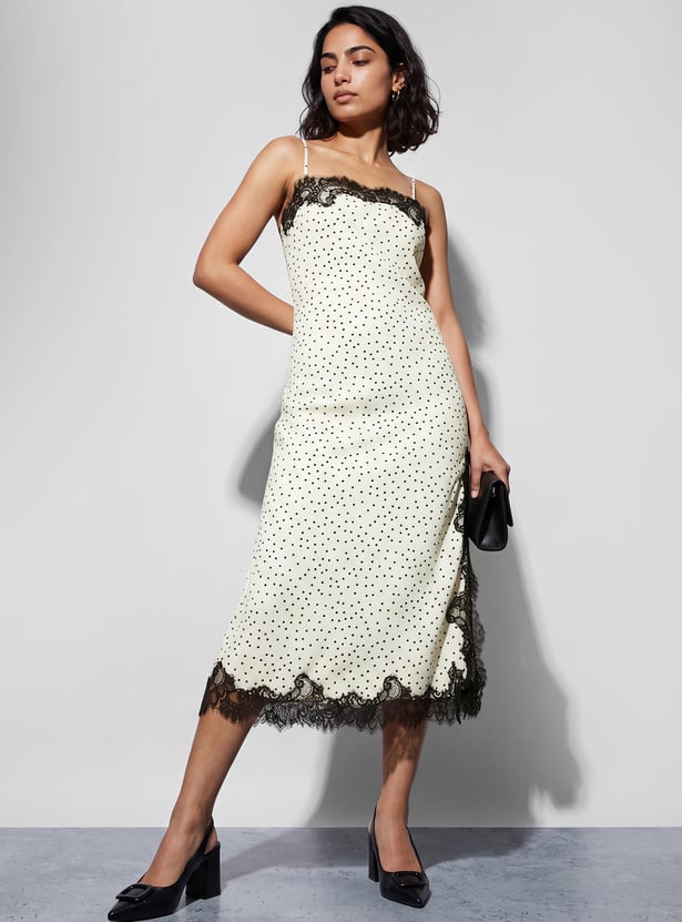 CODE Polka Dot Lace Trim Midi Dress