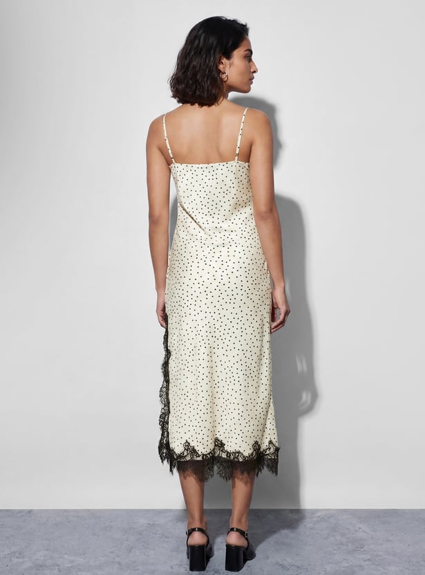 CODE Polka Dot Lace Trim Midi Dress