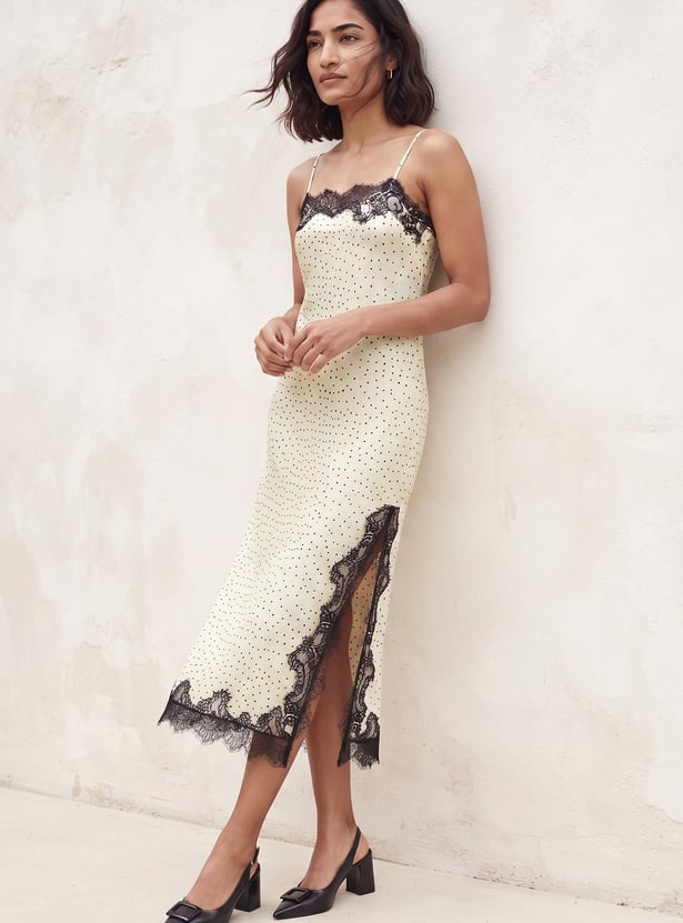 CODE Polka Dot Lace Trim Midi Dress