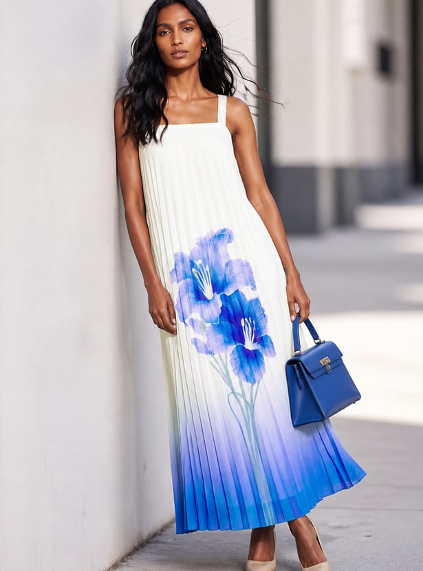 CODE Floral Print Pleated Maxi Dress