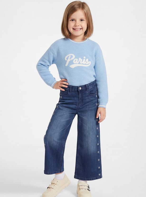 FAME FOREVER Girls Embellished Wide Leg Jeans