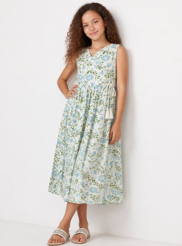 MELANGE Girls Printed Tie-Up Dress