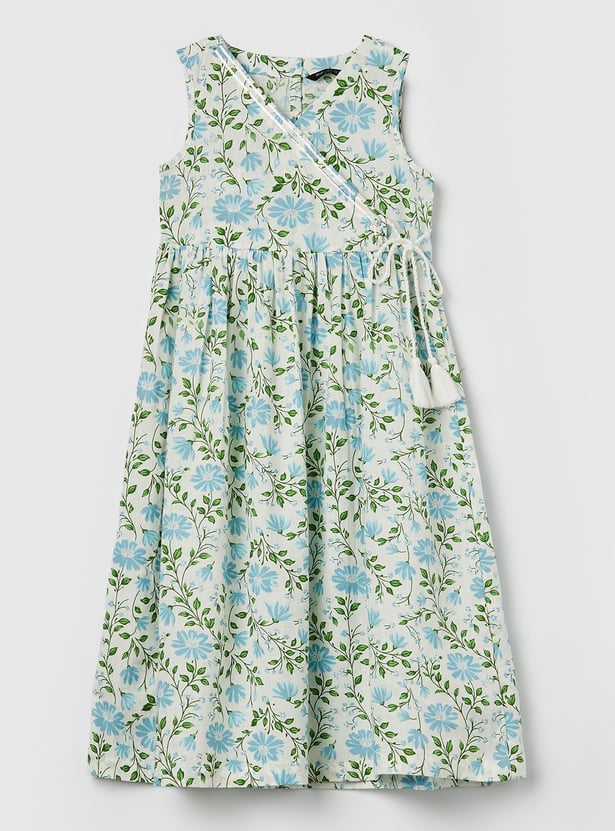 MELANGE Girls Floral Printed Dress with Tie-Up