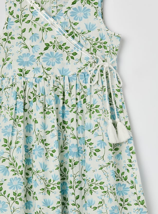 MELANGE Girls Floral Printed Dress with Tie-Up
