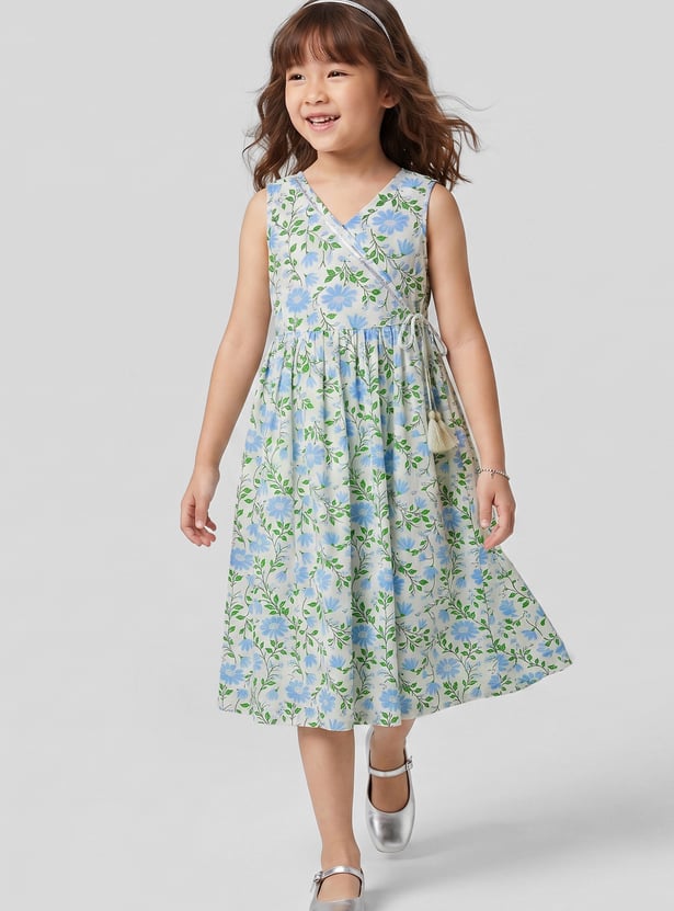 MELANGE Girls Floral Printed Dress with Tie-Up