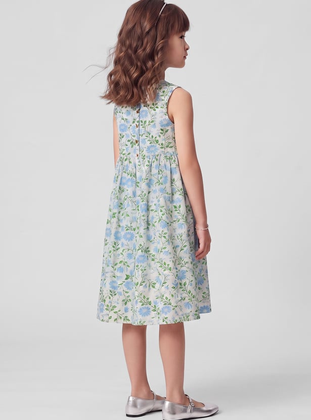 MELANGE Girls Floral Printed Dress with Tie-Up