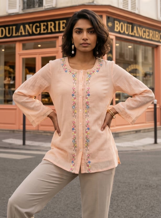 W Embroidered Button-Down Top