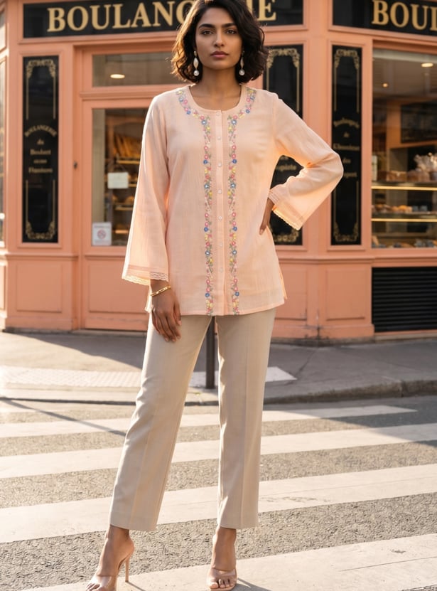 W Embroidered Button-Down Top