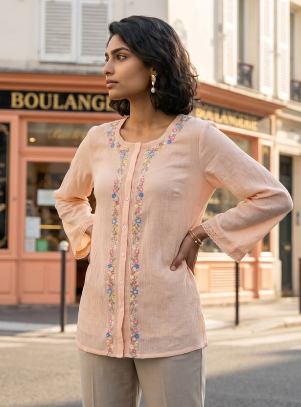 W Embroidered Button-Down Top