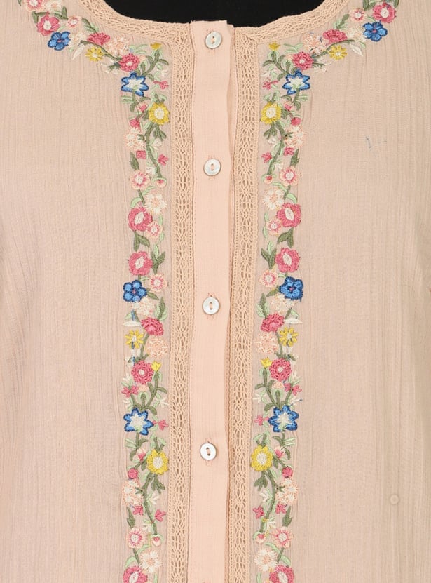 W Embroidered Button-Down Top