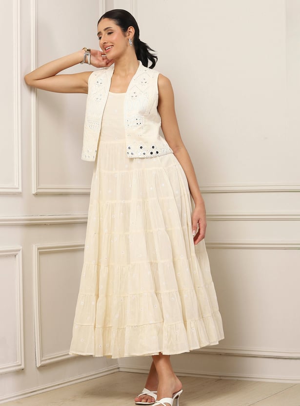 BIBA Mirror Work Tiered Dress with Jacket