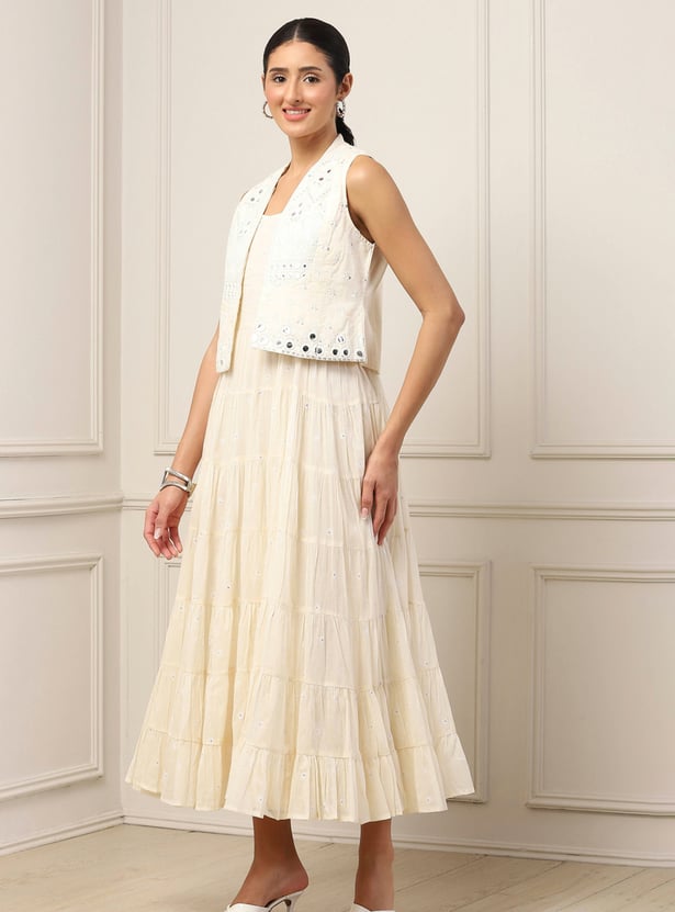 BIBA Mirror Work Tiered Dress with Jacket