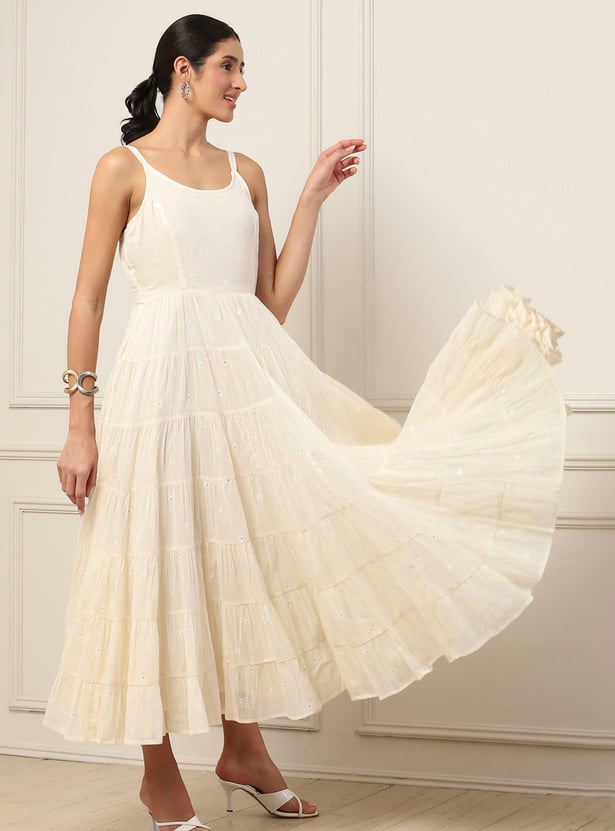 BIBA Mirror Work Tiered Dress with Jacket