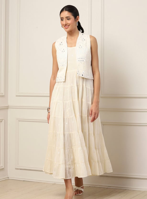BIBA Mirror Work Tiered Dress with Jacket