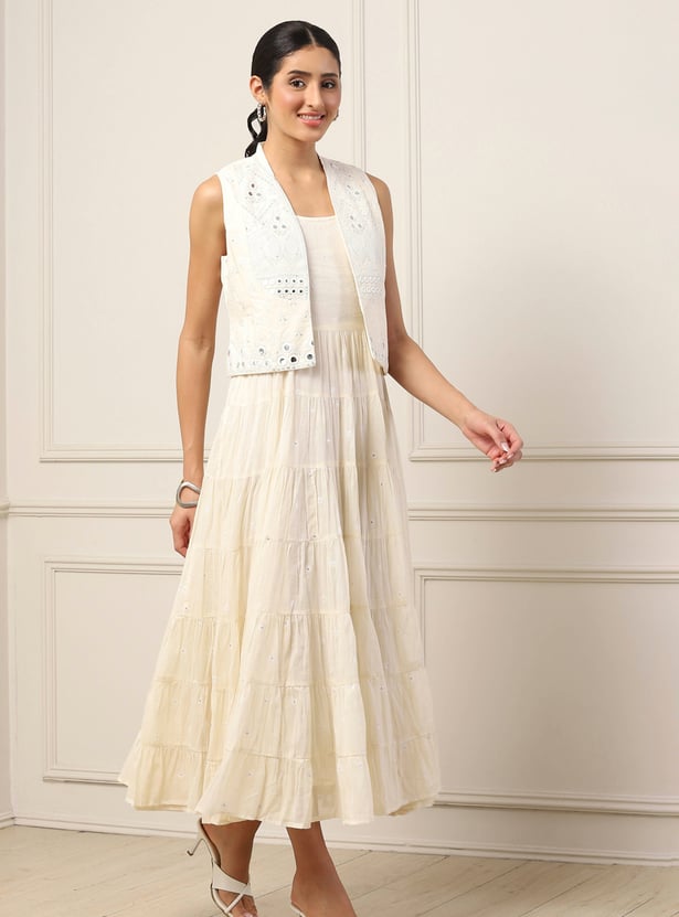 BIBA Mirror Work Tiered Dress with Jacket