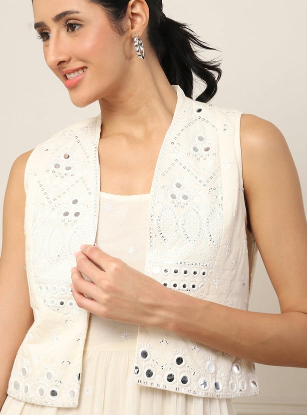 BIBA Mirror Work Tiered Dress with Jacket