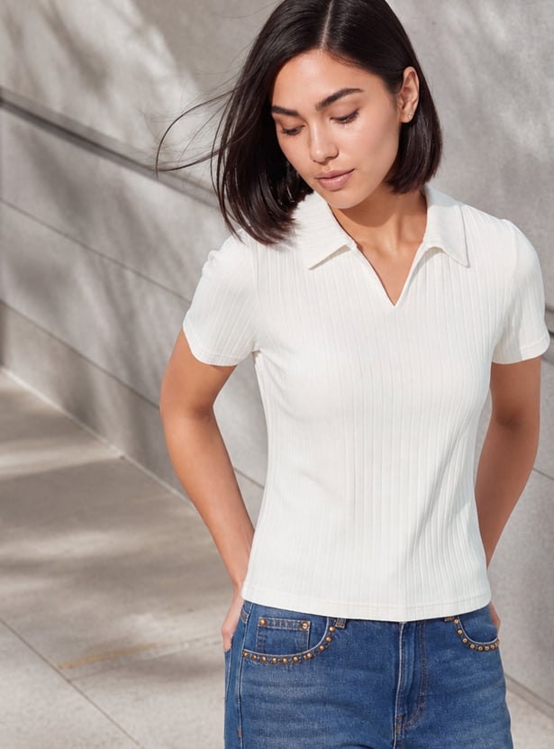 FAME FOREVER Ribbed Polo Collar T-shirt