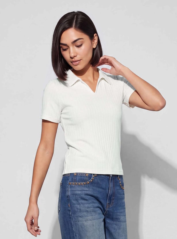 FAME FOREVER Ribbed Polo Collar T-shirt