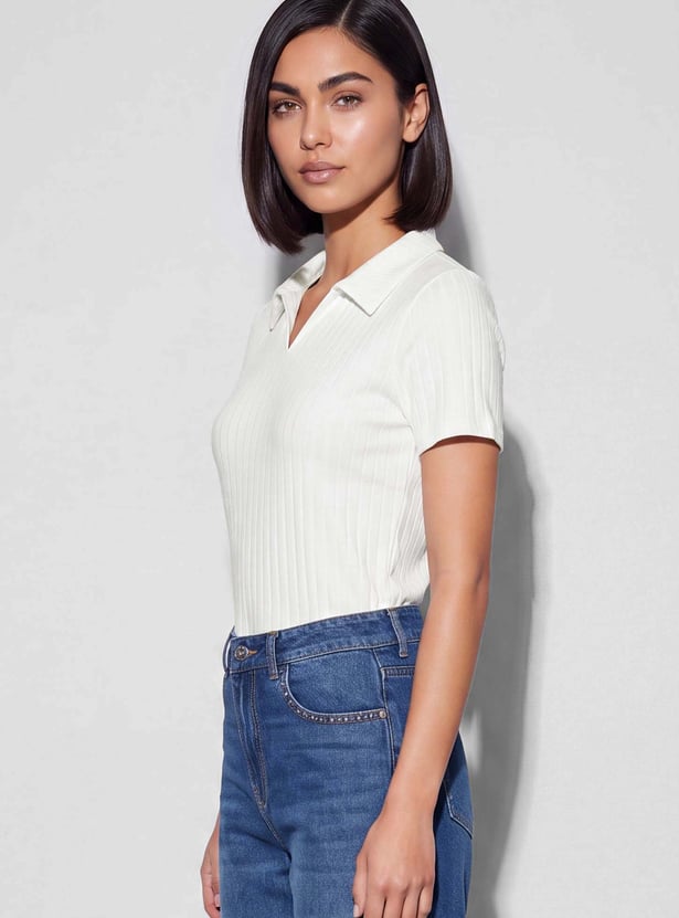 FAME FOREVER Ribbed Polo Collar T-shirt