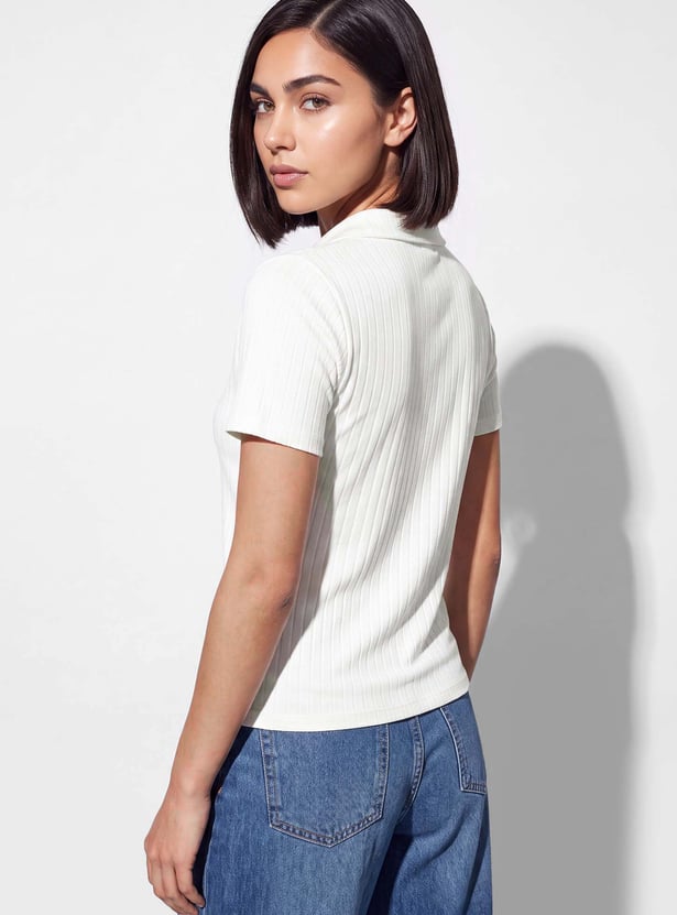 FAME FOREVER Ribbed Polo Collar T-shirt