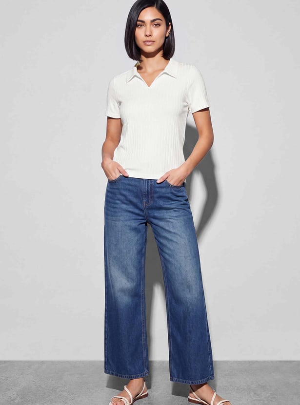 FAME FOREVER Ribbed Polo Collar T-shirt