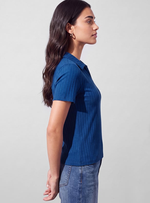 FAME FOREVER Ribbed Johnny Collar T-shirt