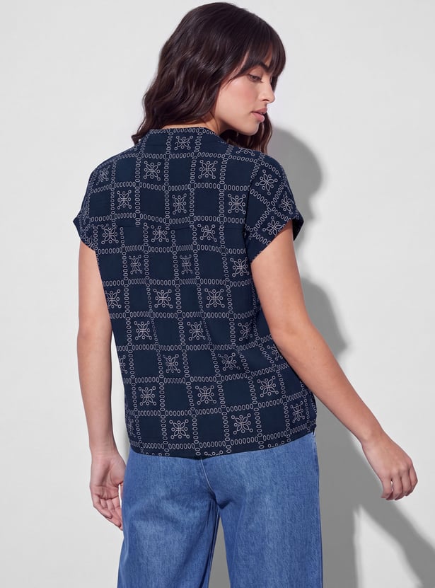 FAME FOREVER Ethnic Motif Notched Neck Top