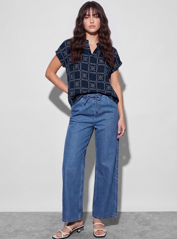 FAME FOREVER Ethnic Motif Notched Neck Top