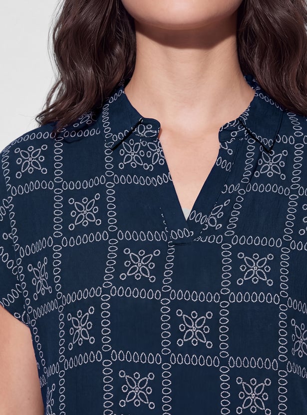 FAME FOREVER Ethnic Motif Notched Neck Top