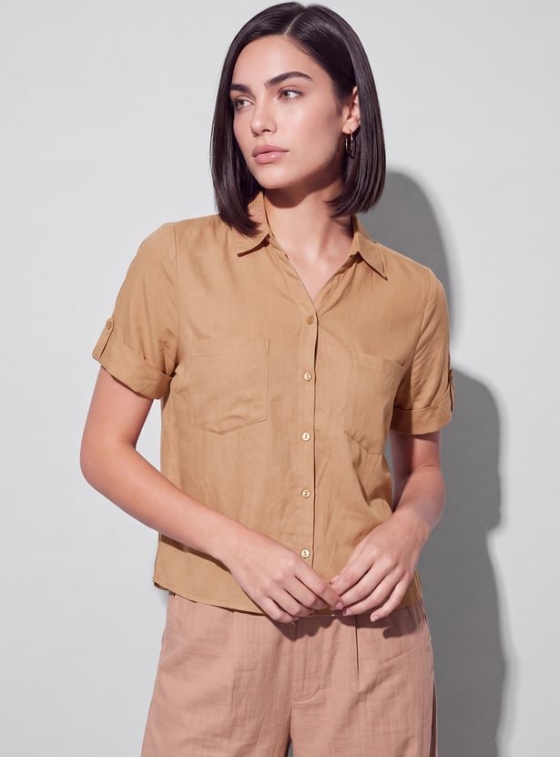 FAME FOREVER Solid Cuban Collar Shirt
