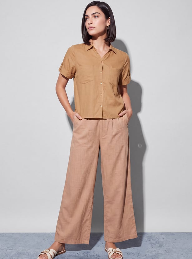 FAME FOREVER Solid Cuban Collar Shirt