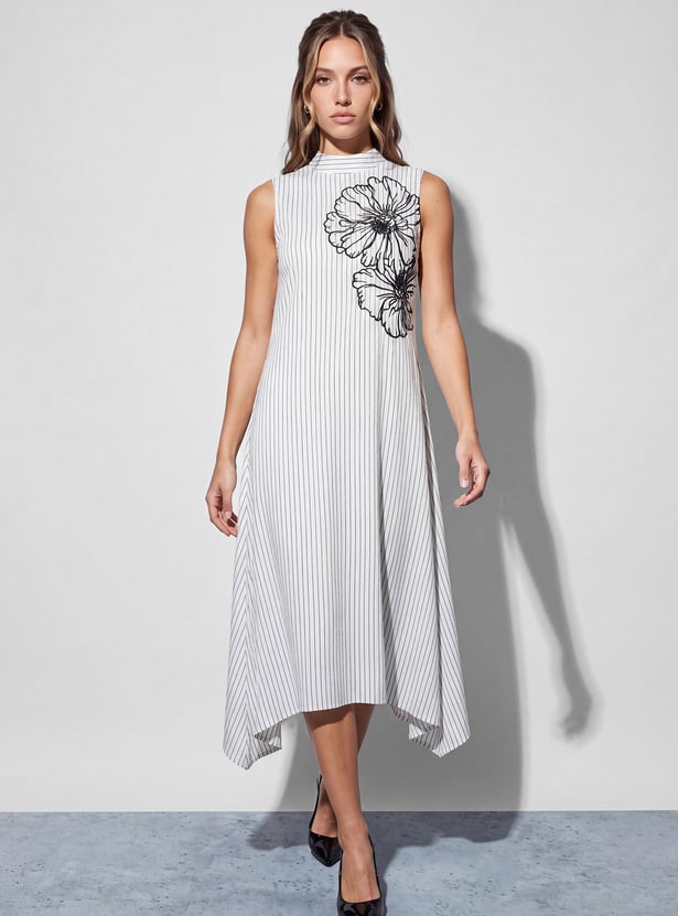 CODE Striped Floral Embroidered Midi Dress