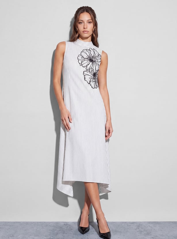 CODE Striped Floral Embroidered Midi Dress