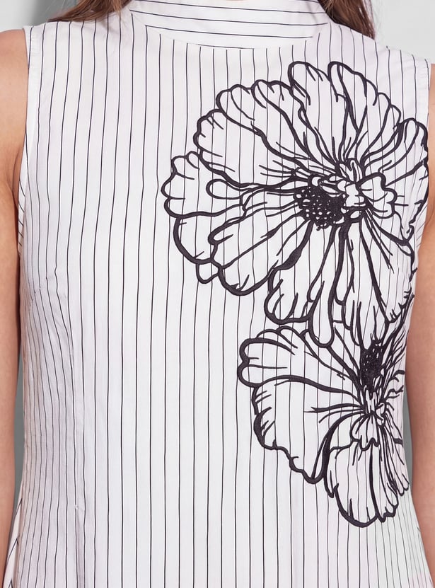 CODE Striped Floral Embroidered Midi Dress