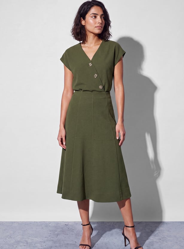 CODE Solid Panelled Midi Skirt