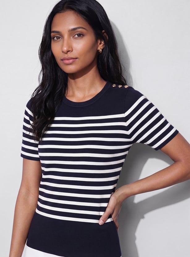 CODE CLASSIC Striped Button Shoulder Top