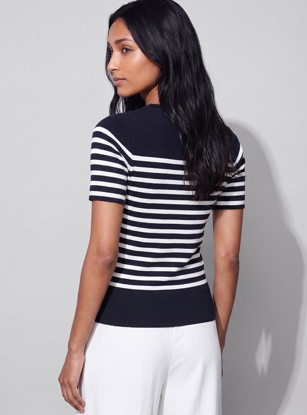 CODE CLASSIC Striped Button Shoulder Top