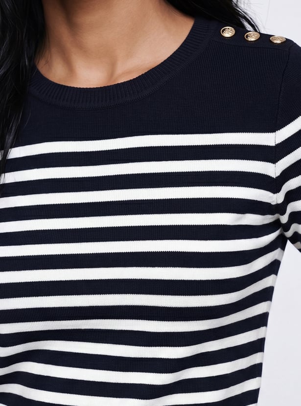 CODE CLASSIC Striped Button Shoulder Top