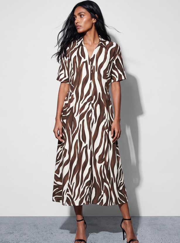 CODE Printed Button-Down Midi Dress