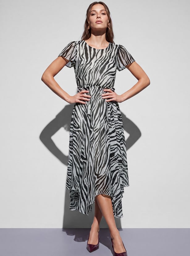 CODE Printed Asymmetric Hem Midi Dress
