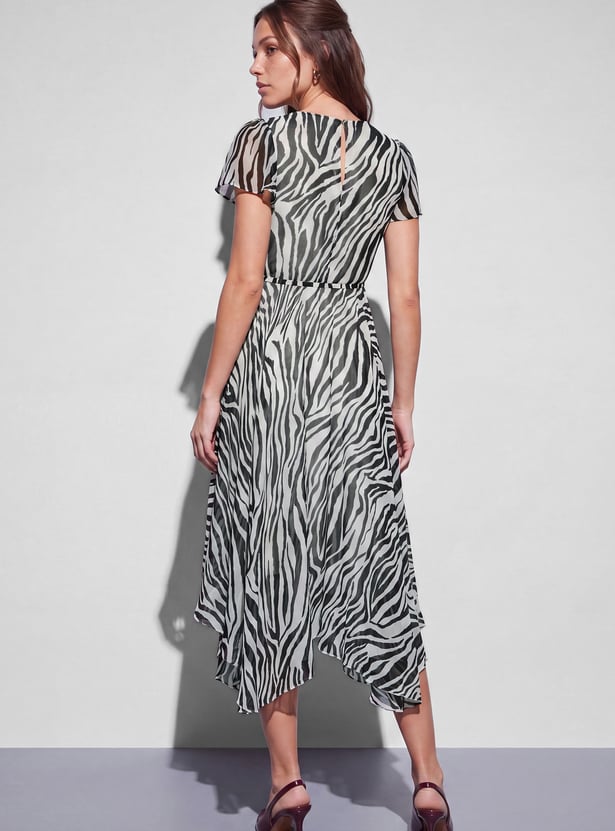 CODE Printed Asymmetric Hem Midi Dress