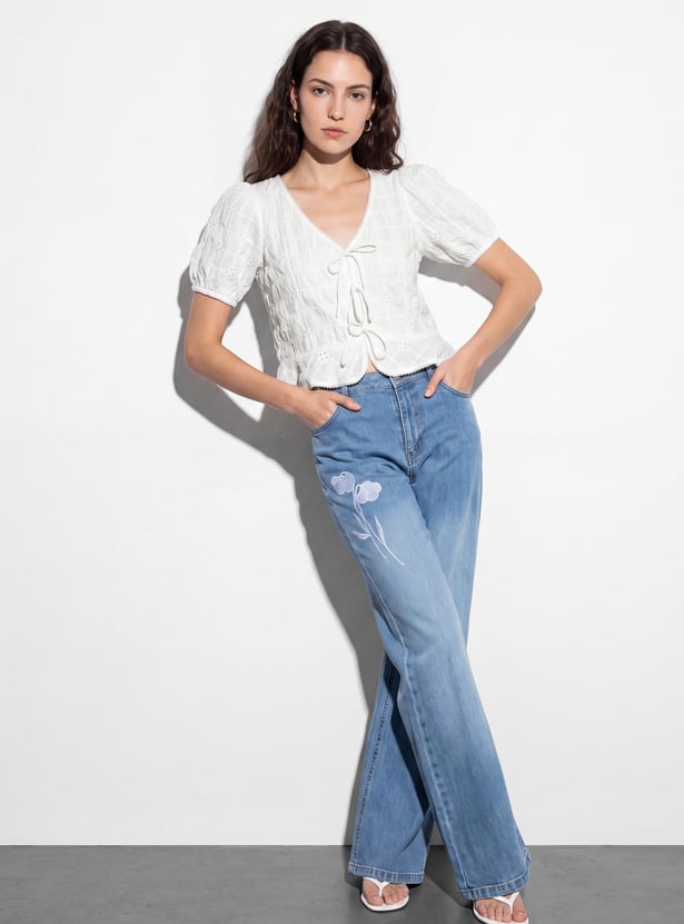 GINGER Self Design Tie-Up Crop Top
