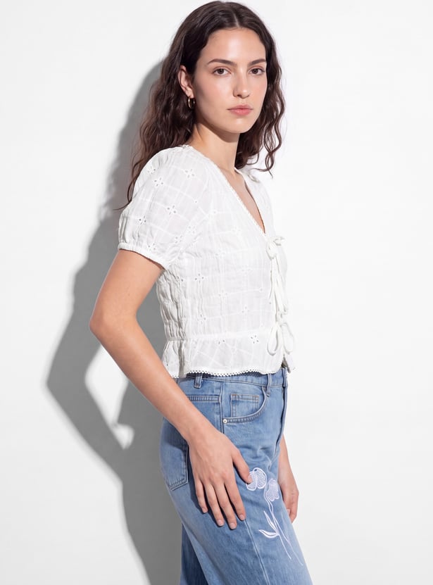 GINGER Self Design Tie-Up Crop Top
