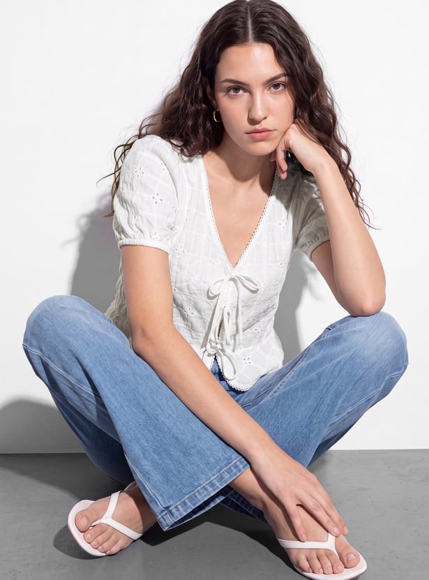 GINGER Self Design Tie-Up Crop Top